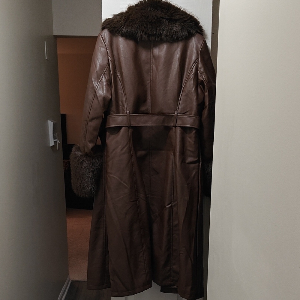 Akira Chocolate Brown Faux Leather Jacket with Faux Fur Trim - Picture 8 of 9